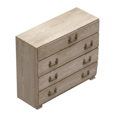 A four-drawer chest of drawers made from bleached oak wood, featuring ornate brass pull handles and a light, natural wood finish. — 3D model (AI enhanced source)