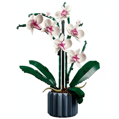 A brick-built model of a Phalaenopsis orchid, featuring white and pink flowers, dark green leaves and stems, housed in a faceted dark gray pot, appearing as a replica of a potted plant. — 3D model (AI enhanced source)