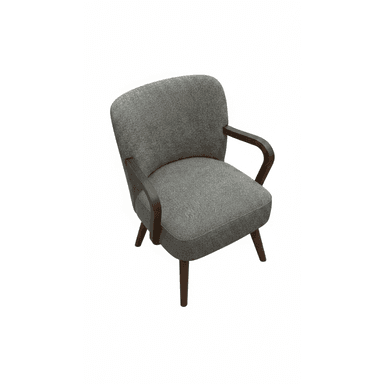 A contemporary upholstered armchair featuring a rounded backrest and seat, gray textured fabric, and dark wood curved armrests that extend into tapered legs. — 3D model (AI enhanced source)