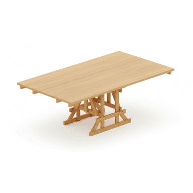 A wooden dining table with a rectangular, dual-sectioned tabletop and a distinct trestle-style base. The tabletop appears to be constructed from planks and shows a visible seam down the center, suggesting it might be extendable or foldable. The base is composed of angled wooden beams forming a robust, scaffold-like structure with cross-bracing for stability. The overall design has a rustic or industrial aesthetic. — 3D model (AI enhanced source)