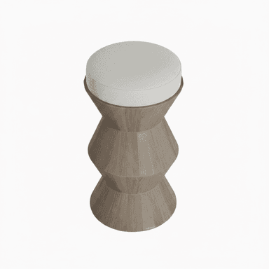 A modern stool featuring a light-colored wooden base with a distinctive faceted, hourglass-like form, topped with a round, white upholstered cushion. — 3D model (AI enhanced source)
