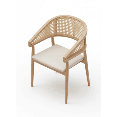 A modern dining or accent armchair featuring a light wood frame, a curved cane webbing backrest, and a beige upholstered seat. — 3D model (AI enhanced source)