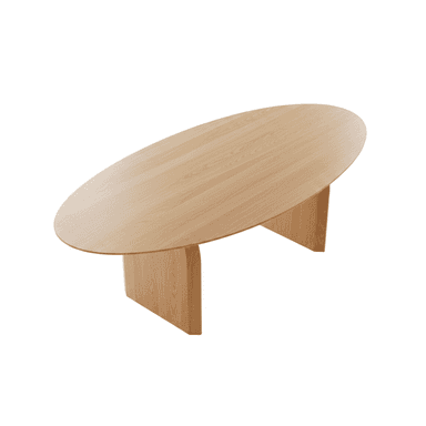 An oval coffee table with a light wood finish and two angled pedestal bases. The table has a minimalist and modern design. — 3D model (AI enhanced source)