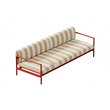 An elongated seating unit featuring a minimalist red metal frame and striped cushions, designed for lounging. It has integrated armrests and a cylindrical back bolster. — 3D model (AI enhanced source)