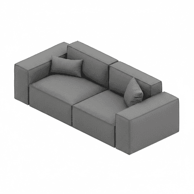 A contemporary gray modular sectional sofa featuring a two-seater configuration with square arms and low-profile backrests, accompanied by two accent pillows. — 3D model (AI enhanced source)