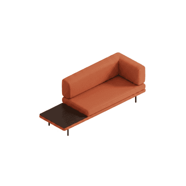 A modern chaise lounge featuring vibrant orange fabric upholstery, an integrated dark wood side table, and minimalist black metal legs. The design incorporates an L-shaped back and armrest on one side, providing ergonomic support and a defined seating area, while the opposite side extends to accommodate the side table. — 3D model (AI enhanced source)