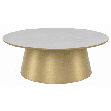 A modern, round coffee table featuring a white marble-look top and a brushed brass drum-shaped pedestal base. — 3D model (AI enhanced source)
