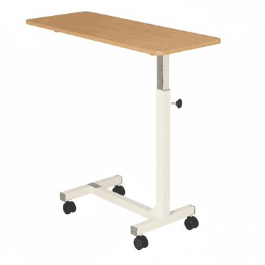 An adjustable height overbed table featuring a light wood laminate tabletop, a cream-colored steel frame with an adjustable silver-colored column, and four black casters for mobility. A black knob is present for height adjustment. — 3D model (AI enhanced source)