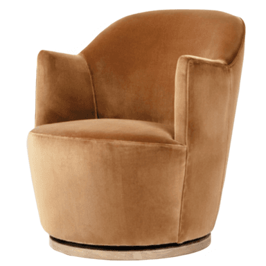 A compact, upholstered barrel-style swivel armchair in a rich camel brown velvet fabric, featuring a continuous curved backrest and integrated armrests, resting on a subtle circular base. — 3D model (AI enhanced source)