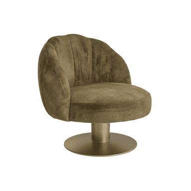 A compact, contemporary accent chair featuring olive green velvet upholstery, a channel-tufted backrest, and a polished brass-finished pedestal swivel base. — 3D model (AI enhanced source)