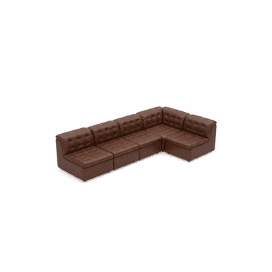 A sectional sofa composed of multiple modular units, upholstered in dark brown tufted material. The sofa forms an L-shape and features a button-tufted design on the seat and back cushions, with clean lines and a low profile. — 3D model (AI enhanced source)