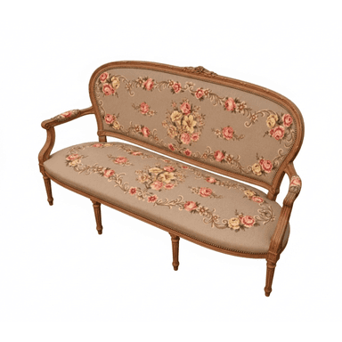 A two-seater settee featuring an elaborately carved exposed wooden frame and floral needlepoint upholstery, characteristic of French Rococo or Louis XV styles. — 3D model (AI enhanced source)
