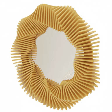 A circular mirror with a unique frame composed of numerous thin, rectangular wooden slats. These slats are arranged in a spiraling pattern, creating a dynamic and sculptural effect around the reflective surface of the mirror. The slats are uniformly spaced and angled, contributing to a sense of movement and depth. — 3D model (AI enhanced source)