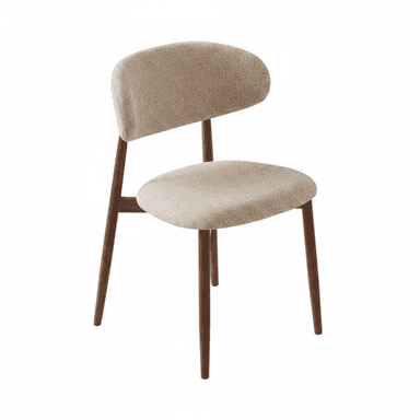 An armless dining chair featuring light beige textured fabric upholstery on both the seat and a distinct, curved backrest. The chair is supported by four dark brown, slender, tapered wooden legs. — 3D model (AI enhanced source)