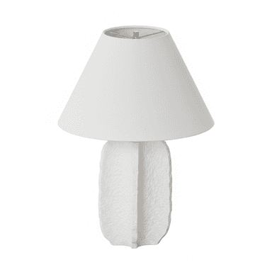 A white table lamp with a conical lampshade and a textured, sculptural base. The base has a rough, organic surface with vertical indentations or folds, giving it a unique tactile quality. The lampshade is smooth and appears to be made of fabric. — 3D model (AI enhanced source)