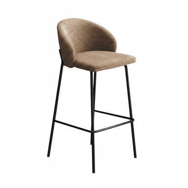 A modern bar stool featuring a minimalist black metal frame and a curved, upholstered seat and backrest in a neutral, textured fabric. The stool is designed for elevated seating at bars or counters, with a built-in footrest. — 3D model (AI enhanced source)