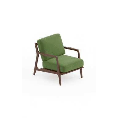 A contemporary lounge chair featuring an exposed dark wood frame and plush, upholstered green cushions. The design has a mid-century modern aesthetic with clean lines and angled elements. — 3D model (AI enhanced source)