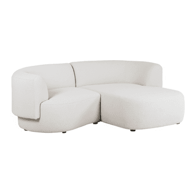 A modern curved modular sectional sofa upholstered in white or off-white boucle fabric, featuring a left-arm section connected to an armless chaise lounge component, resting on subtle recessed dark feet. — 3D model (AI enhanced source)