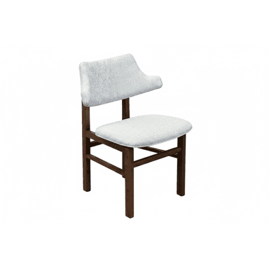 A contemporary dining chair featuring a dark wood frame and light gray fabric upholstery. The chair has a distinctive sculpted backrest with a slight curve, providing an ergonomic and stylish profile. The four-legged frame is constructed from solid wood, suggesting durability and stability. — 3D model (AI enhanced source)