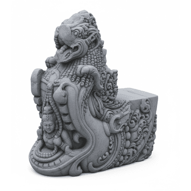 A heavily carved gray stone object, likely intended as a decorative bench or outdoor seating. It features a detailed mythical beast, possibly a lion or dragon-like creature, forming the backrest and arm-like elements. The carving style is highly ornate, characteristic of traditional Balinese or Southeast Asian art, with scales, intricate patterns, and a smaller human-like figure integrated into the base. A flat, rectangular surface behind the creature suggests its function as a seat. — 3D model (AI enhanced source)