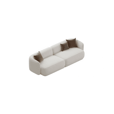 A contemporary modular sectional sofa in a light bouclé fabric, consisting of two low-profile units arranged in a chaise configuration. It features rounded edges and includes three accent pillows in brown and gray tones. — 3D model (AI enhanced source)