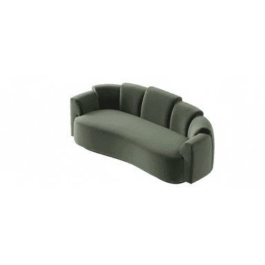 A contemporary curved sofa upholstered in dark green velvet, featuring a distinctive fluted backrest design. — 3D model (AI enhanced source)