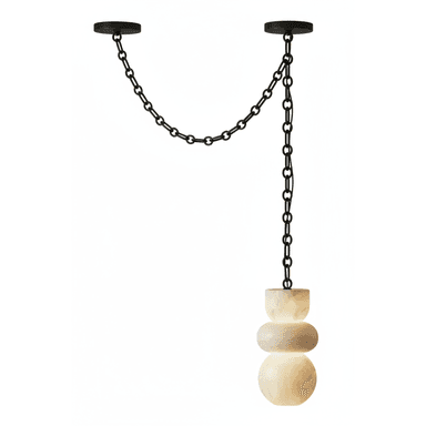 A modern pendant light featuring a stacked, sculptural diffuser made from translucent alabaster, suspended by a black metal chain from a matching ceiling canopy. The alabaster elements glow from an internal light source. — 3D model (AI enhanced source)