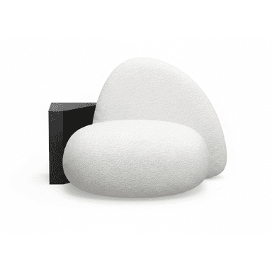 An armchair with an organic, sculptural form. It features a dark, angular base contrasted with rounded, cushioned seating upholstered in a textured white fabric. The overall design is modern and avant-garde. — 3D model (AI enhanced source)