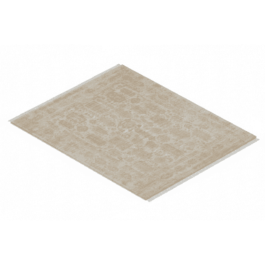 A rectangular area rug featuring a muted beige and off-white color palette. The rug displays a traditional, distressed pattern, possibly floral or medallion-inspired, giving it an antique or vintage appearance. It is finished with short, off-white fringes on its shorter edges. — 3D model (AI enhanced source)
