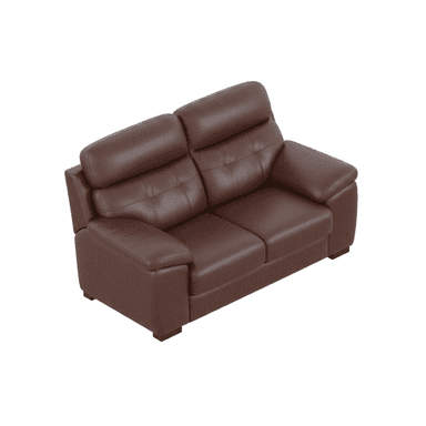 A contemporary two-seater loveseat upholstered in rich brown leather. It features plump, padded seat and back cushions with integrated headrests, along with wide, rounded track arms. The loveseat rests on short, dark, rectangular block feet. — 3D model (AI enhanced source)