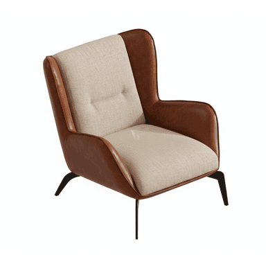 A modern lounge chair featuring a distinctive two-tone upholstery design. The outer shell and armrests are covered in smooth brown leather, while the inner seat, backrest, and side panels are upholstered in a textured light beige fabric. The chair has a comfortable, slightly reclined back with a single button tuft on the lower back. It stands on slender, splayed dark metal legs. — 3D model (AI enhanced source)