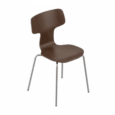 A modern, armless chair featuring a dark brown molded plywood seat and backrest, supported by four slender silver-colored metal legs. — 3D model (AI enhanced source)