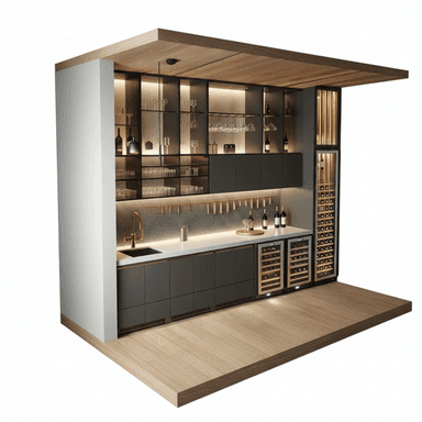 A contemporary built-in home bar unit featuring dark gray cabinetry, a white countertop with an integrated sink and brass faucet, and extensive storage. The unit includes upper glass-front cabinets with internal lighting for glassware and bottles, a suspended rack for wine glasses, and lower cabinets. Two under-counter wine refrigerators are integrated, alongside a tall, vertical wine rack. The design incorporates warm wood ceiling and flooring elements, creating a cohesive and sophisticated aesthetic. — 3D model (AI enhanced source)