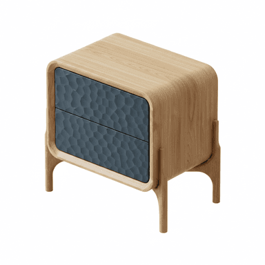 A compact, modern nightstand made of light-colored wood, featuring two dark blue/grey drawers with a distinctive hexagonal textured surface. It stands on four splayed wooden legs integrated into the curved frame. — 3D model (AI enhanced source)