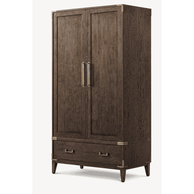 A tall, rectangular wardrobe or armoire constructed from dark-stained wood, featuring two upper cabinet doors and a single large drawer below. It incorporates distinctive brass corner brackets and strap hardware, indicative of campaign-style furniture. The wood exhibits a pronounced grain texture, and the unit stands on four short, tapered legs. — 3D model (AI enhanced source)
