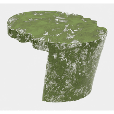 An organically shaped accent table featuring a distinctive irregular top and a single, tapering pedestal base. The table is finished in an olive green color with a heavily textured, distressed surface that shows white or light gray undertones, giving it a weathered or artistic appearance. Its unique form suggests it serves both a functional and sculptural purpose in a living space. — 3D model (AI enhanced source)