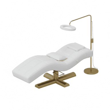A modern white upholstered salon treatment chair featuring a contoured, reclining form and a gold-finished pedestal swivel base. It is accompanied by an integrated gold-finished floor lamp with an LED ring light, designed for professional beauty and aesthetic services. — 3D model (AI enhanced source)