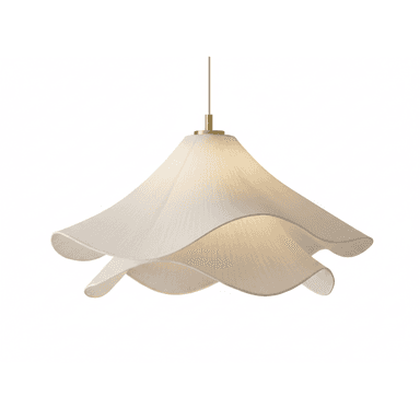 A contemporary pendant light featuring a shade crafted from multiple layers of off-white fabric, arranged in a petal-like, sculptural form. The layers overlap and gently curve outwards, creating a soft, diffused light effect. The light fixture is suspended by a white cord, which connects to a small, cylindrical brass accent at the top of the shade. — 3D model (AI enhanced source)