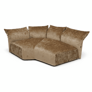 A contemporary L-shaped modular sectional sofa featuring plush, crushed velvet upholstery in a warm light brown or taupe color. The sofa is composed of two main sections forming a corner, with oversized, soft back cushions contributing to a relaxed and inviting aesthetic. Its low-profile base is fully upholstered. — 3D model (AI enhanced source)