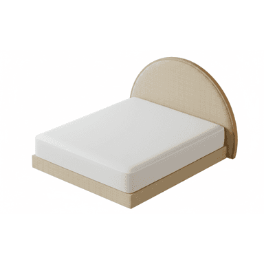 A contemporary upholstered platform bed featuring a clean, minimalist design. The bed frame is fully upholstered in a light beige, textured fabric, providing a soft and integrated look. The headboard is a distinctive semi-circular shape, also upholstered in the same fabric, and framed by a light-toned wooden border. A standard white mattress is depicted resting on the platform. — 3D model (AI enhanced source)