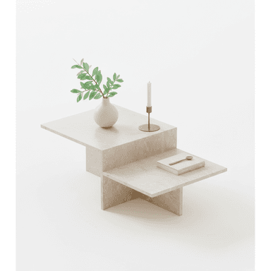 A geometric, tiered coffee table with intersecting planes, appearing to be constructed from a light-colored stone or a similar composite material. It features two main horizontal surfaces at different heights, supported by a cross-base structure. A cream-colored vase with green foliage, a slender white candle in a brass holder, and a small book with a wooden spoon are placed on its surfaces, suggesting its use as a decorative and functional piece in a living space. — 3D model (AI enhanced source)