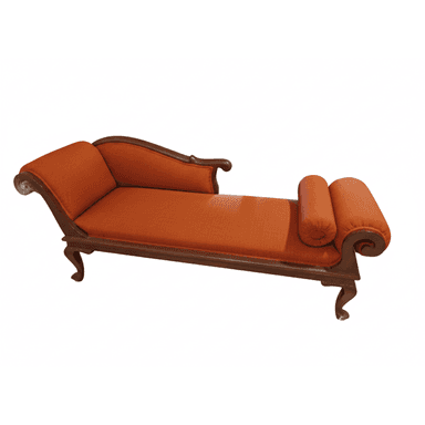An opulent Regency style chaise lounge with a dark, polished wood frame and terracotta-colored fabric upholstery, featuring a single high backrest/armrest and a matching bolster pillow. — 3D model (AI enhanced source)