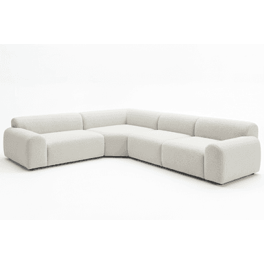 An L-shaped modular sectional sofa upholstered in a light, textured bouclé fabric, featuring rounded edges and a low-profile design, against a plain white background. — 3D model (AI enhanced source)