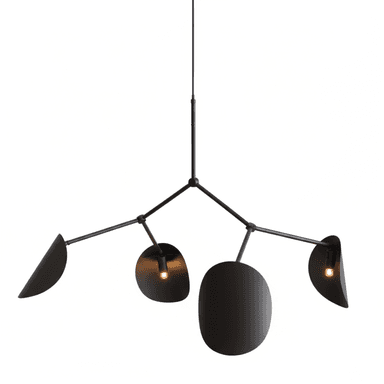A modern, multi-arm chandelier featuring a matte black finish and abstract, organic-shaped shades, suspended from a single ceiling drop. The design evokes a mobile sculpture, with several light sources providing ambient illumination. — 3D model (AI enhanced source)