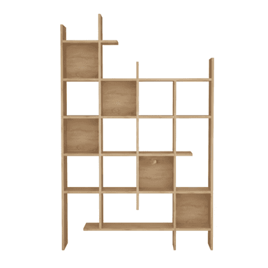 A tall, freestanding shelving unit constructed from light-toned wood, featuring an asymmetrical, open grid design. The unit comprises various-sized rectangular and square compartments, some of which are open-backed while others have solid wooden back panels. The arrangement of shelves and vertical dividers creates a dynamic, modern aesthetic, with some sections extending beyond the main frame, forming an intricate visual pattern. The wood exhibits a fine grain, suggesting a natural wood or high-quality laminate finish. — 3D model (AI enhanced source)