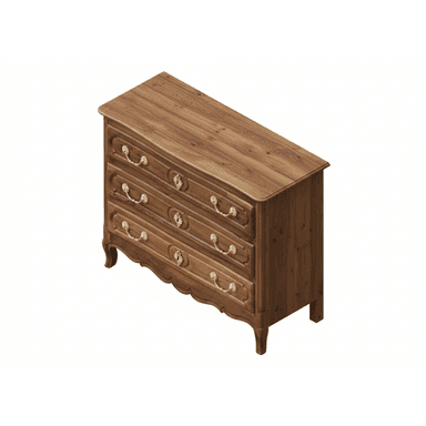 A traditional chest of drawers with four drawers, characterized by ornate brass hardware and a curved front. The piece features carved detailing around the drawers and rests on cabriole legs. The wood grain is prominent, suggesting a natural wood construction. — 3D model (AI enhanced source)