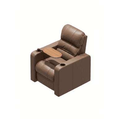 A contemporary single-seat recliner chair upholstered in brown faux leather, featuring thick padding, block-style armrests, an integrated cup holder on the right arm, and a pivoting wooden tray table on the left arm. — 3D model (AI enhanced source)