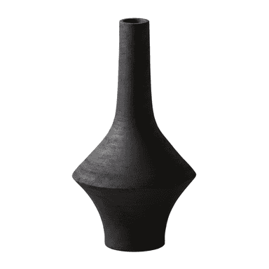 A tall, black decorative vase with a geometric and sculptural form. It features a narrow, cylindrical neck that flares out dramatically into a wide, sharp-angled body, then tapers towards a stable base. The vase has a matte, textured finish, suggesting a ceramic or stoneware construction. — 3D model (AI enhanced source)