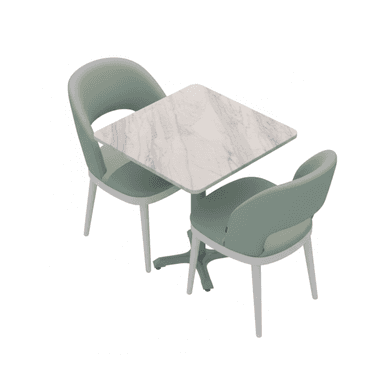 A modern dining set featuring a square table with a white marble top and a grey pedestal base, paired with two upholstered dining chairs. The chairs have light green fabric upholstery, a curved bucket-style seat and back, a small cutout in the lower back, and light-colored, slightly tapered legs. — 3D model (AI enhanced source)