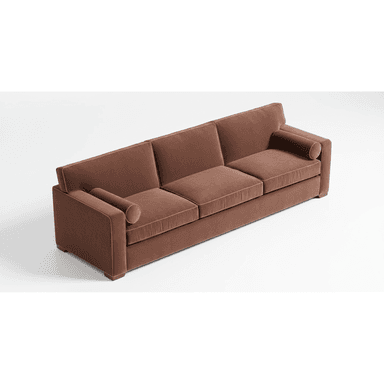 A contemporary three-seater sofa upholstered in a rich terracotta-brown velvet fabric. It features clean track arms, three plush seat cushions, and three matching back cushions, all detailed with subtle piping. Two cylindrical bolster pillows are included, one at each end, and the sofa rests on low-profile, recessed feet. — 3D model (AI enhanced source)